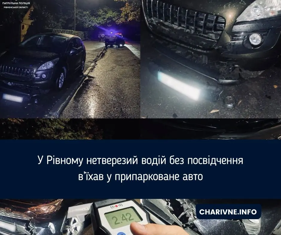 У Рівному водій без прав і з 2,42 проміле алкоголю в'їхав у припарковане авто